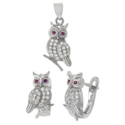 925 Sterling Silver Cubic Zirc. Micro Paved Lucky Wise Owl Pendant & Earring Set