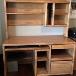 Excellent Office Oak Desk Along With Free  Chair With  Roller Wheels