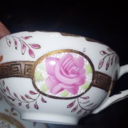 Antique Royal Grafton Tea Cup and Saucer with Scalloped Gold Rim and Flowers

