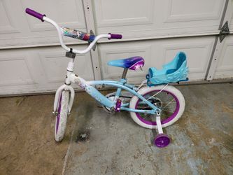 Disney Frozen 16" bike with training wheels and rear doll carrier