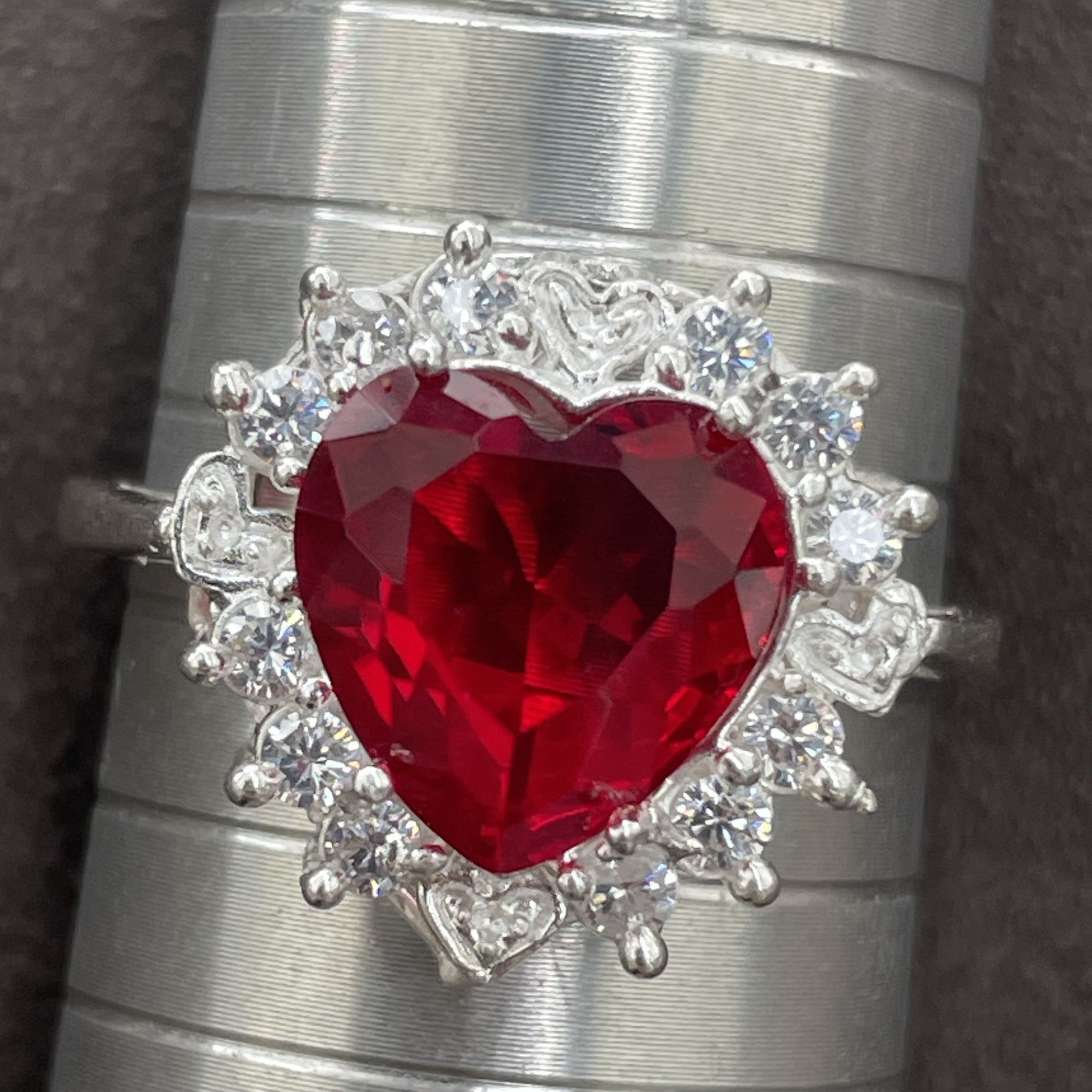Solid 925 Sterling Silver Big Red Heart Size 11