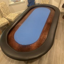 Handcrafted Poker Table with Blue Felt & Leather Arm Rest