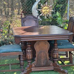 Antique Jacobson Style Solid Wood Expanding Dining Table w/ 4 Chairs  