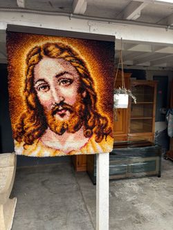 Vintage Handmade Jesus Latch Hook Tapestry - Religious Wall Hanging
