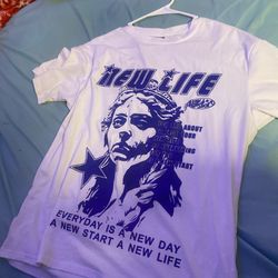 blue and white graphic shirt