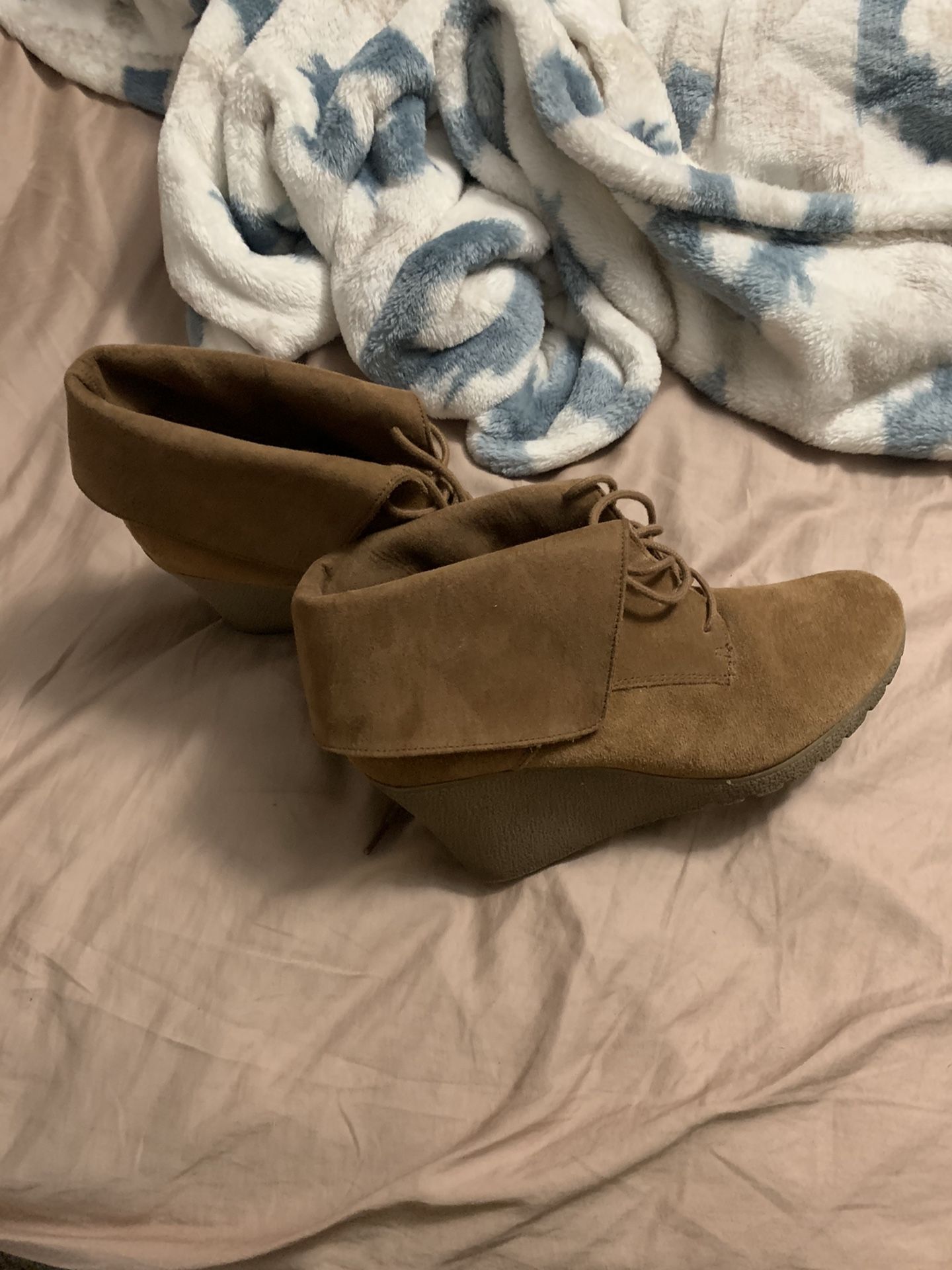 Camel Wedge Booties, Size 11