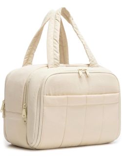 Travel Toiletry Bag, Large Wide-open Makeup Bag for Women, Beige