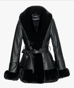 Gran Oriente Black Faux Leather Fur-Trim Coat