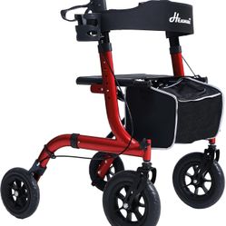 Lightweight Foldable All Terrain Rolling Walker with seat, Aluminum Walkers with 10 inch Rubber Wheels, Handles and Backrest for Seniors and Adult