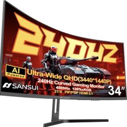 SANSUI 34 Inch 240Hz Ultrawide Curved Gaming Monitor UWQHD 3440×1440, 21:9 2K Curved Monitor 1500R,HDR400,Fast VA, PIP/PBP,AI Crosshair,AIPQ(Visual En