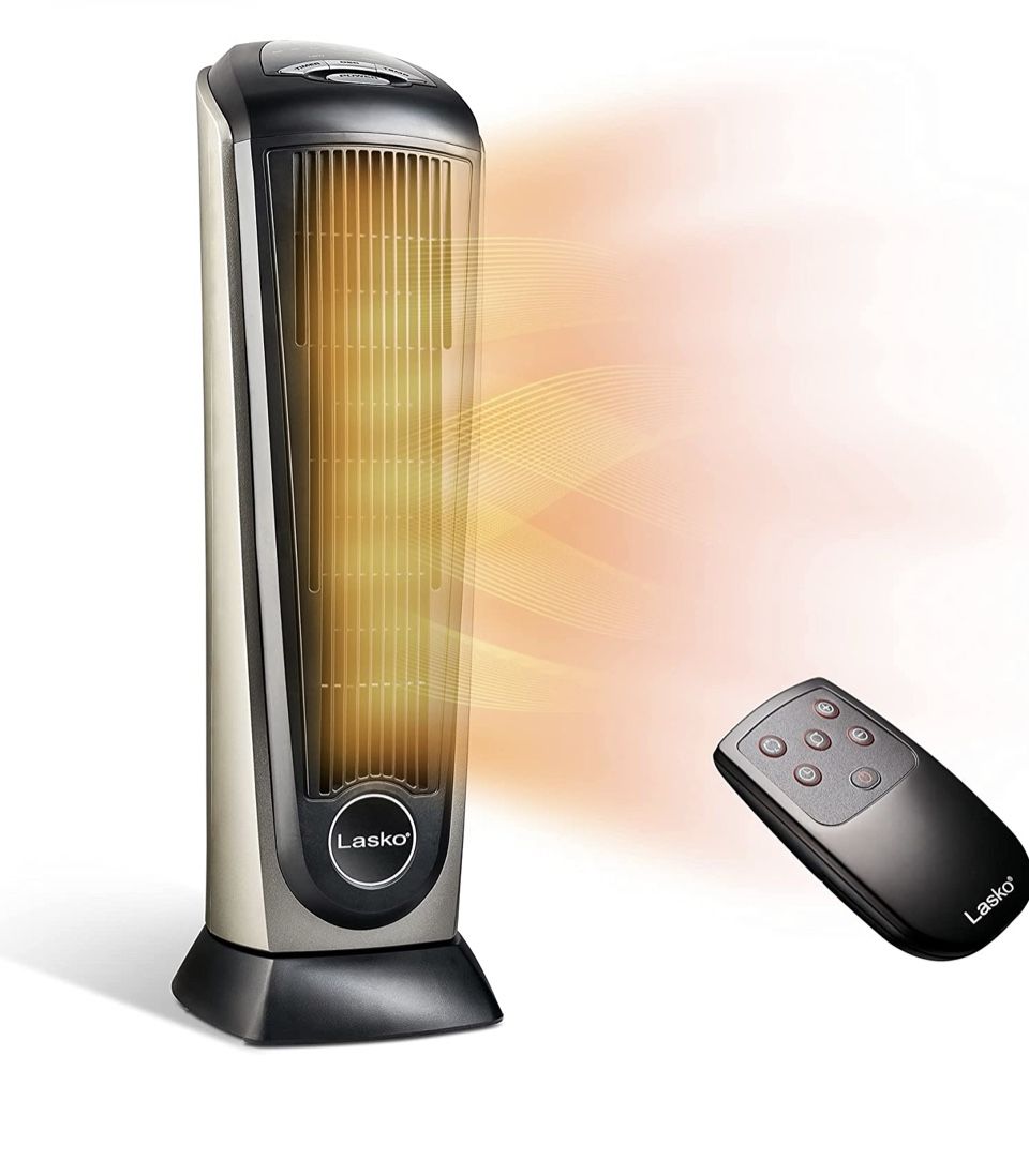 Lasko 751320 Ceramic Tower Heater, with Remote, Black Grey, 1500W, Thermostat.