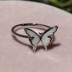 925 Sterling Silver butterfly white lab Opal ring size 7