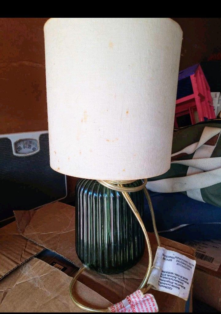 Mainstays Mini Green Glass Stripe Table Lamp with White Lamp Shade