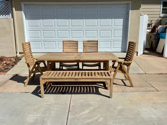 Gorgeous Teak Wood Patio Extension Table, 4 Reclining Armchairs  and a Bench