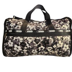 LESPORTSAC DUFFLE CARRYON TRAVEL GYM BAG FLORAL WHITE, GRAY , BLACK  20X10X13

*  Price Is Firm*
