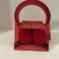 Earmuffs Red Faux Fur On•34th with Gift Tag  NEW 