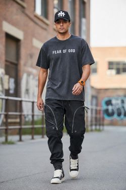 Fear of God shirt, Rick Owens pants, Chrome Hearts hat and Rick Owens Sneakers or Maison Yasuhiro or Balenciaga sneakers.