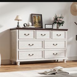 Dresser For Bedroom With 7 Drawers, 54" Wide Modern Chest Of Drawers With Hidden Jewellery Drawer, Solid Wood Legs, Storage Dressers Organizer For Liv