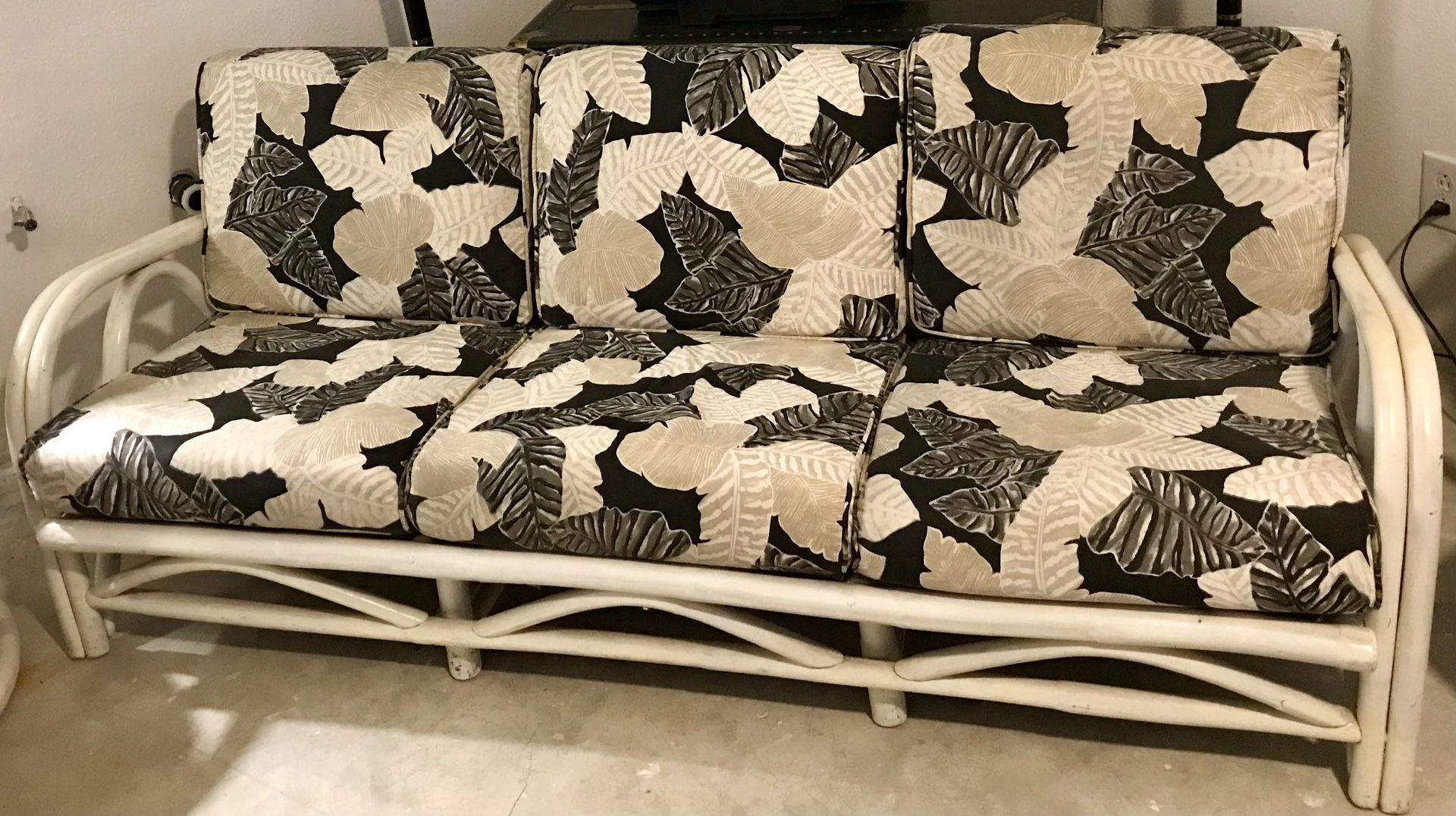 Neutral Whitewashed Rattan Couch. Tan, Black, Taupe & White Leaf Design.
