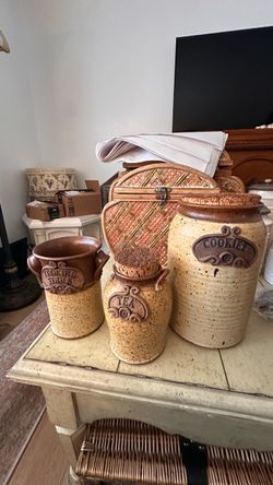 3-Piece Rustic Stoneware Kitchen Canister Set – Tea, Cookies & Cooking Tools