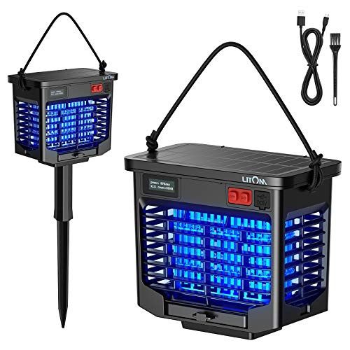 LITOM Solar Bug Zapper Outdoor, Solar-Powered & USB Charge with LCD Display, Indoor Electric UV Insect Catcher & Solar Killer Mosquito Zappers for Hom