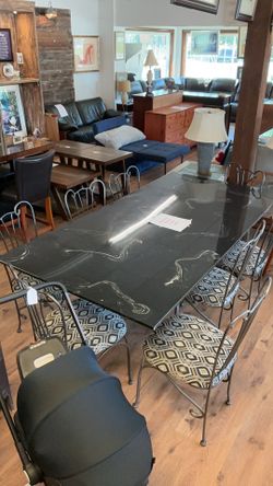Imitation marble top dining table & 8 chairs