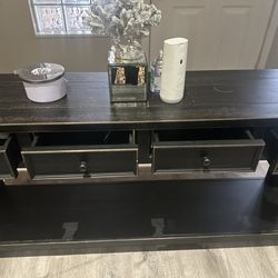 Title: Black Wooden Console Table with 4 Drawers and Bottom Shelf