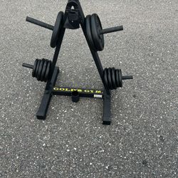 Gold's Gym Weight stand m# WGGRKOS and Weights 3-10lbs  6-5lbs & 4-3lbs Total of 72lbs and the stand.’price is firm thanks 
