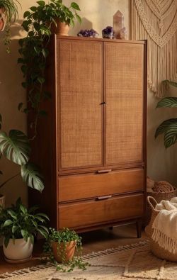 Vintage 60’s Mod Century Modern Wicker and Walnut Armoire by American of Martinsville! Delivery Available! Good condition, some cosmetic wear. All dra