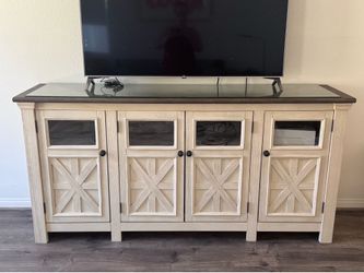 74" Rustic Farmhouse Entertainment Center / TV Stand + A Glass Piece for Top - Excellent Condition