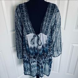 🪶 Womens Sheer Blue Swimsuit Cover Up Feather Print Cover-Up - One Size