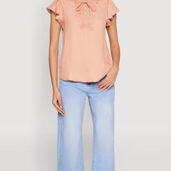 Lovely Peach Crochet Front Ruffles Sleeve Top