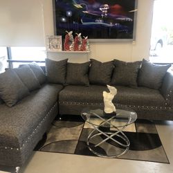 New Grey Fabric Sectional L Shape With Nail Head Chrome Legs Visit Us At 5513 8th Street W Suite 10 Lehigh K Furniture And More 