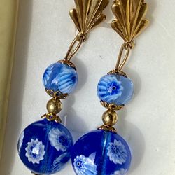 Vintage Murano Style Blue Glass Clip-On Earrings with White Floral Design