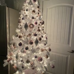 White Tree & Pink Christmas Decor & Bulbs