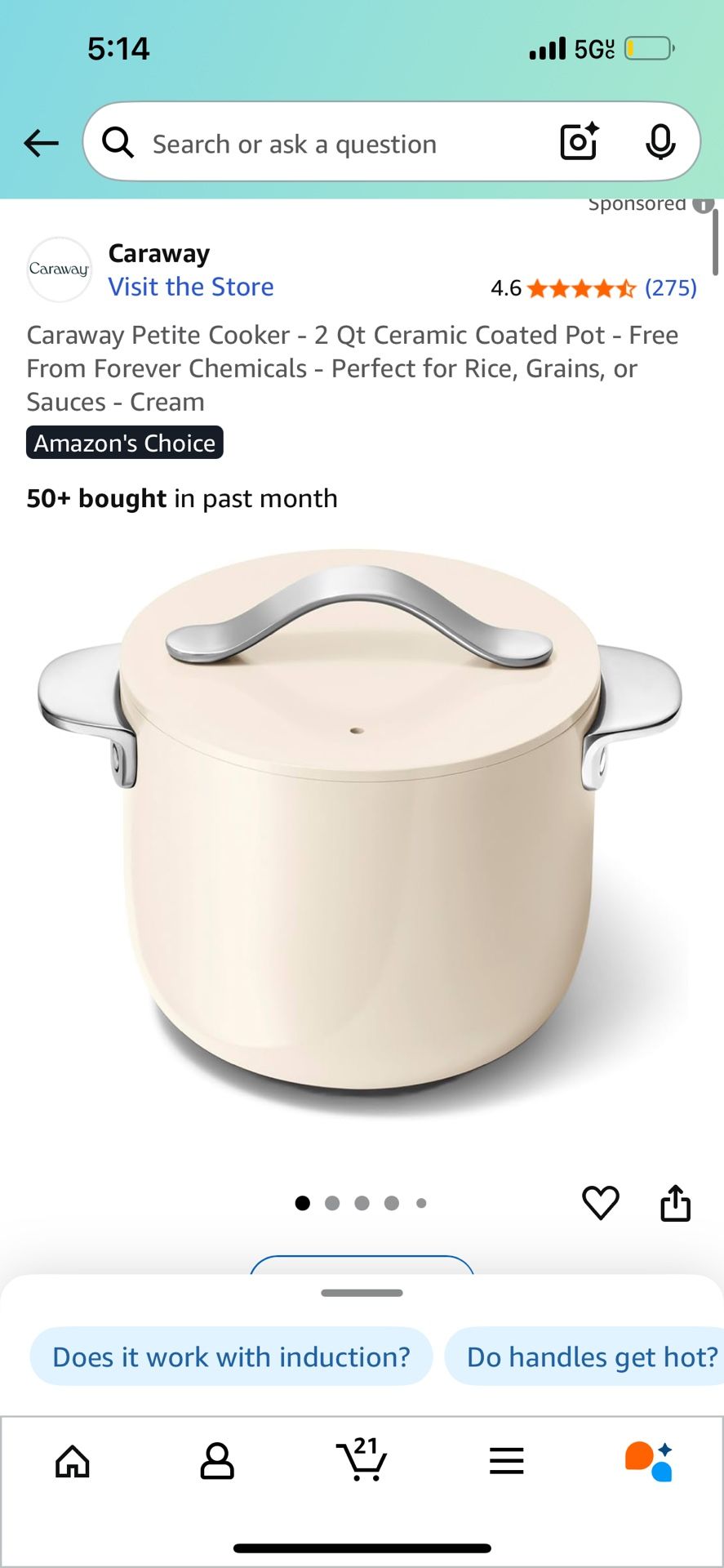 Caraway Petite Cooker - 2 Qt Ceramic Coated Pot - Free From Forever Chemicals - Perfect for Rice, Grains, or Sauces - Cream