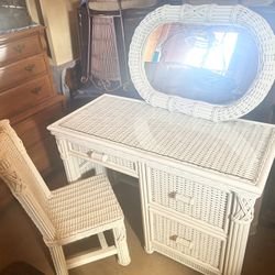 Wicker Desk With Glass Top And Mirror And Chair 