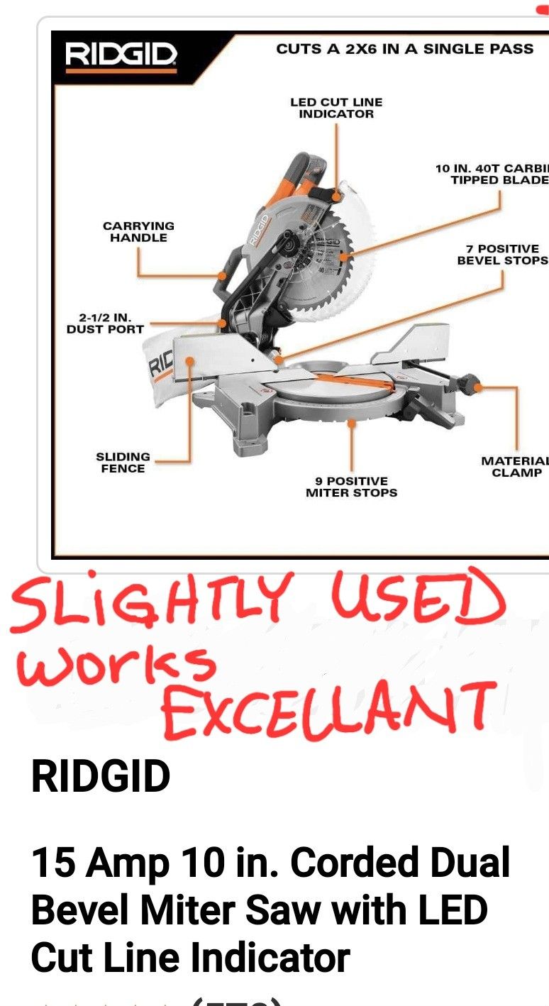 10in Mitersaw Dual Bevel Compound Ridgid, Slightly Used In Excellent Condition, Financing Available