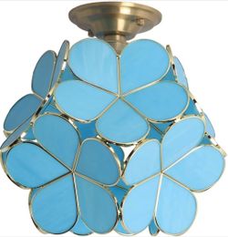 New 12” Flower Petals Tiffany Style Stained Glass Close to Ceiling Light Chandelier Pendant Sky Blue