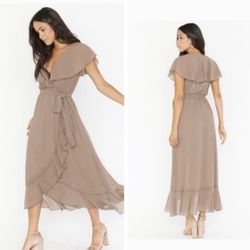 Brand New Show Me Your Mumu Taupe Jess Ruffle Midi Dress - Size Medium