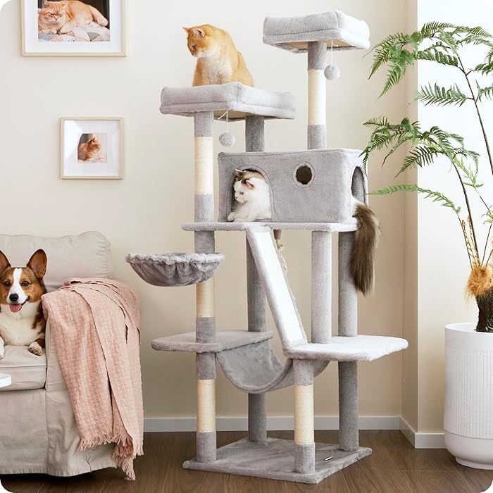 , 61 inch Tall Cat Tower for Large Cat Indoor, Enlarged Condo, 2 Padded Perches with 1 Widened, Large Hammock, Scratching Post and ramp, Fluffy Basket