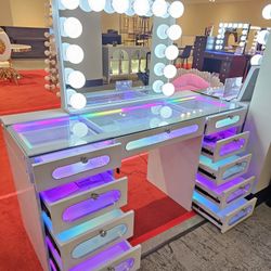 Modern Vanity Desk With 11- Glass Fronted Drawers and Vanity Mirror.