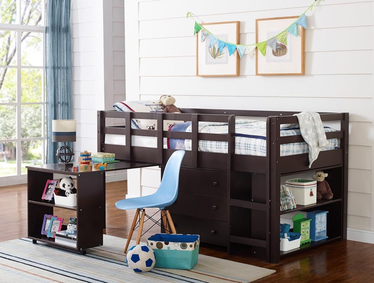 Brown Twin Size Loft Bed: 3 Drawers, Desk, And Shelves…owner is the seller