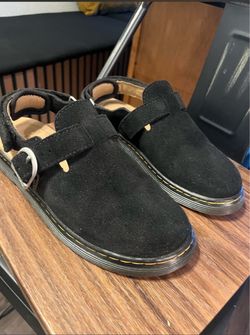 Dr. Martens Black Suede Buckle Mules