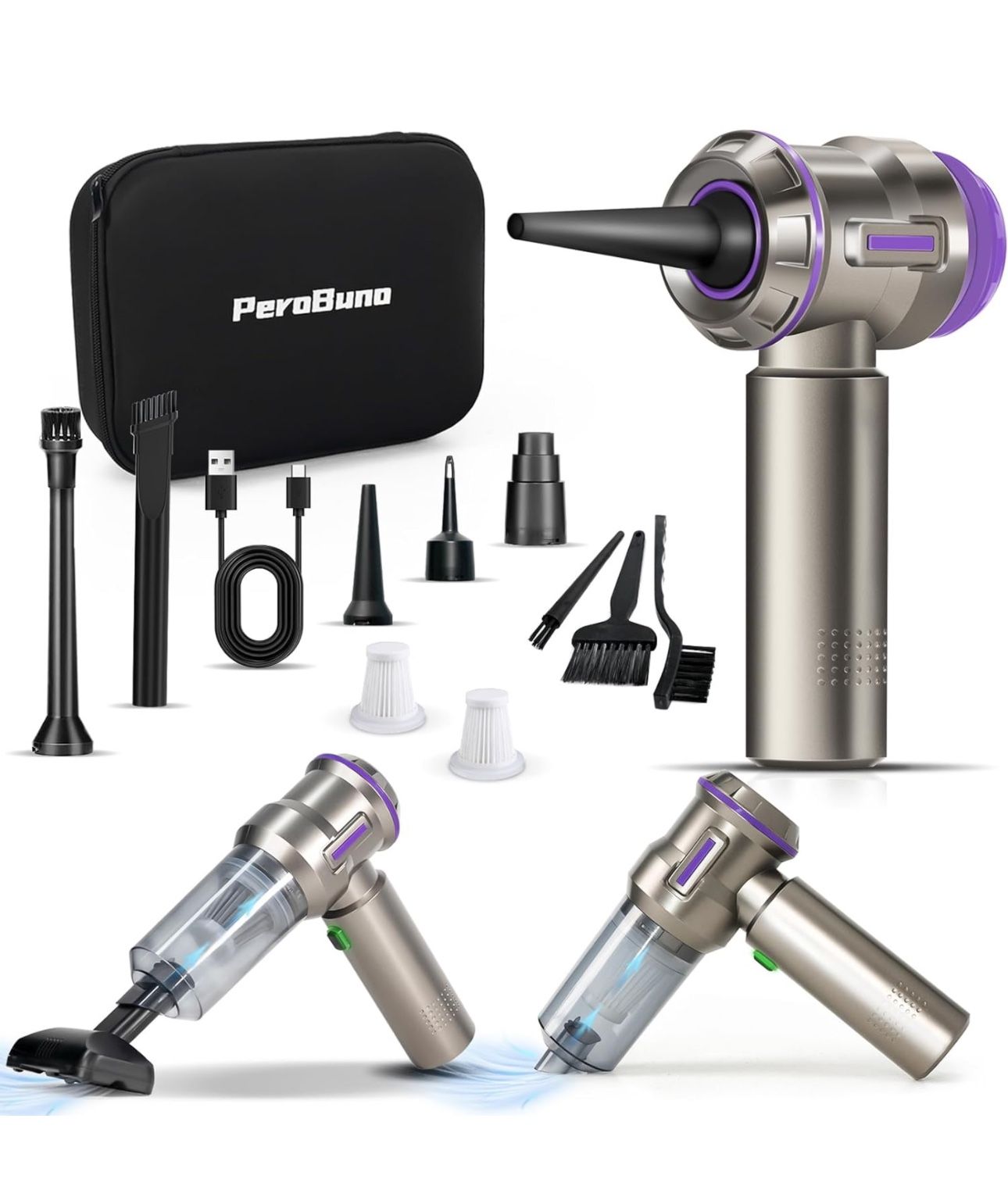 PeroBuno Air Duster for PC, 200000RPM Compressed Air, Mini Vacuum 2-in-1, Runtime Up to 35 mins, Brushless Motor Electric Air Blower with 3 Gear and R