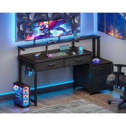 Computer Desk with 4 Drawers, 48 Inch Gaming Desk with Power Outlet, Office Desk with Monitor Shelf, Work Desk Table for Home Office, Black