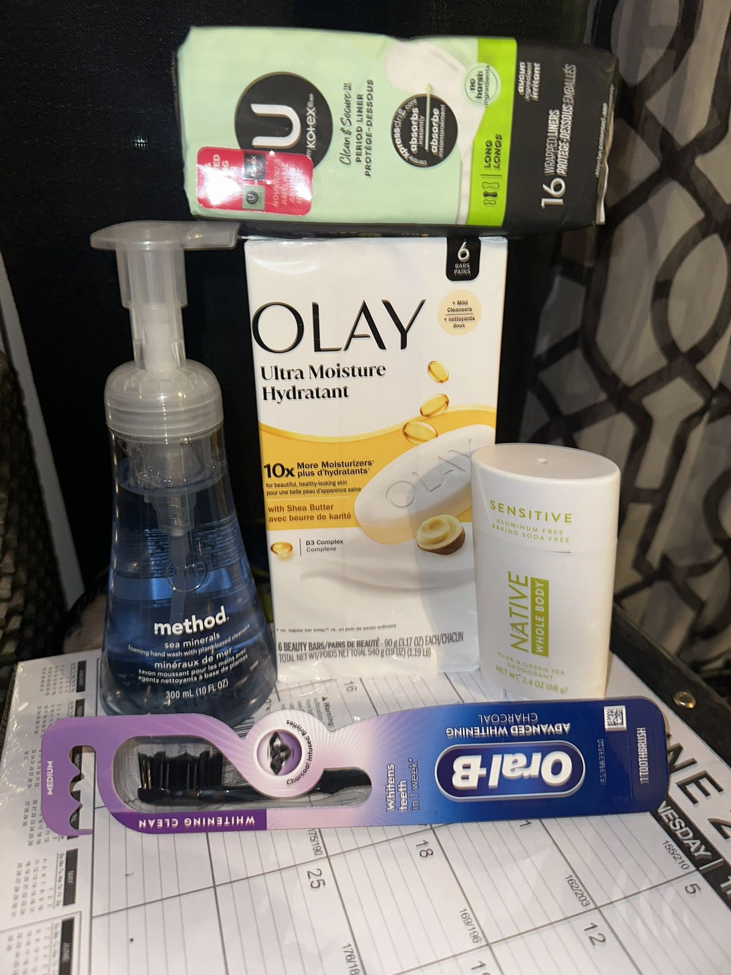 Bundle - Olay Bar Soap, Native Deodorant, Or Be Toothbrush, Kotex Panty Liners, And Method, Hand Soap