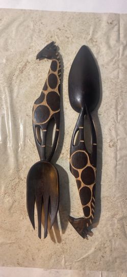 Carved Wood Giraffe Salad Server