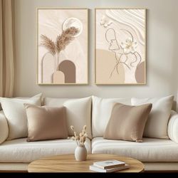 Large Framed Brand New Neutral Abstract Wall Art Set Of 2 Pieces