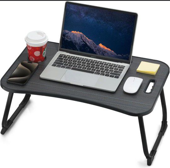 Laptop Bed Desk, Foldable, Portable, Lifting Handle , Cup Holder & Tablet Slot,  for Study, Working Writing Drawing & Eating - Black